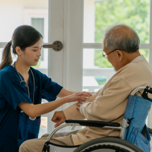 Private nurse assisting elderly man in wheelchair with daily care