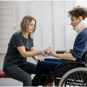 Rehabilitation exercises with patient for strength and mobility recovery